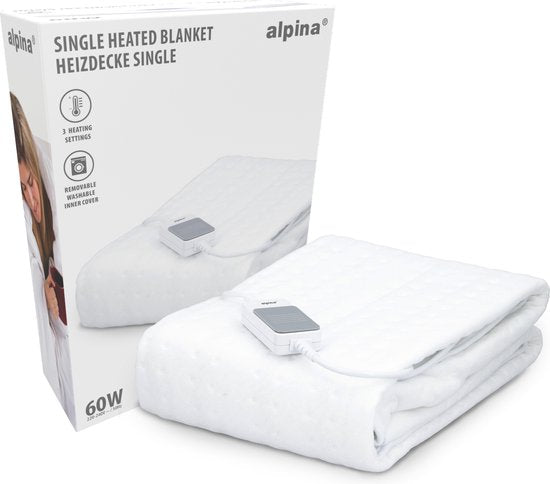 alpina Warmtedeken 1 Persoons - Elektrische Bovendeken - Onderdeken 3 Standen - Wasbare Elektrische Knuffeldeken - Warmte Deken Elektrisch - Deken 80x150 cm - Wit