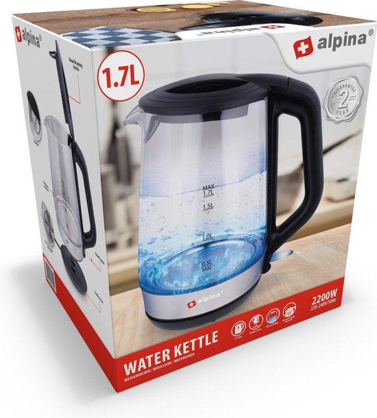 Alpina Waterkoker - Elektrisch - LED - Glas - RVS - Snoerloos - 1,7 Liter