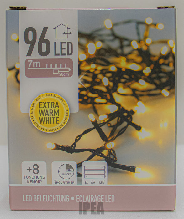 Kerstverlichting – 96 LED – 7 m – Extra Warm Wit – 8 Functies + Memory – Timer