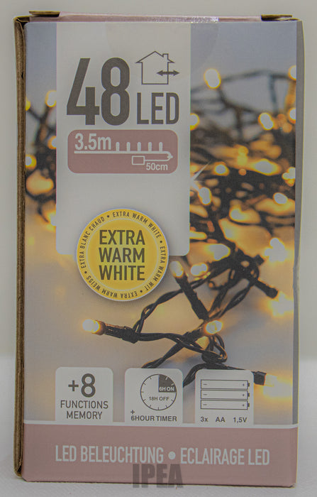 Kerstverlichting – 48 LED – 3,5 m – Extra Warm Wit – 8 Functies + Memory – Timer