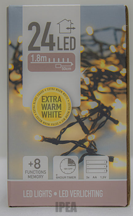 Kerstverlichting – 24 LED – 1,8 m – Extra Warm Wit – 8 Functies + Memory – Timer