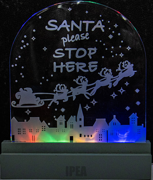 LED Kerstschild – Santa Please Stop Here – 4× LED – Multicolour