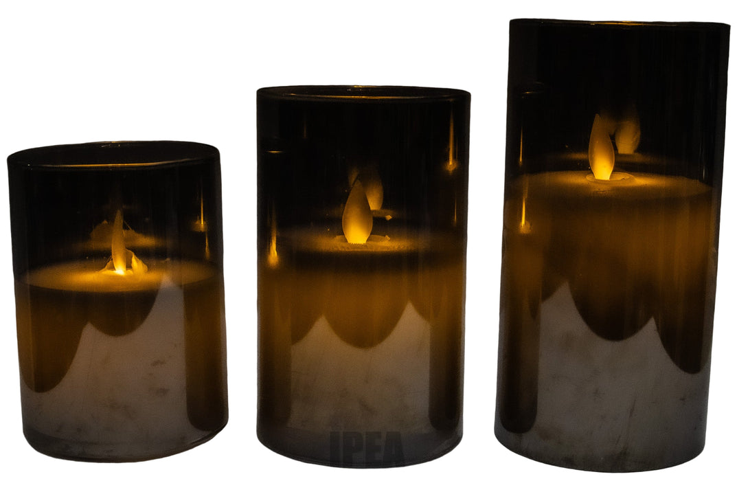 LED Kaarsen in Glas – 3 Stuks – Smoked Glass – Flame Effect