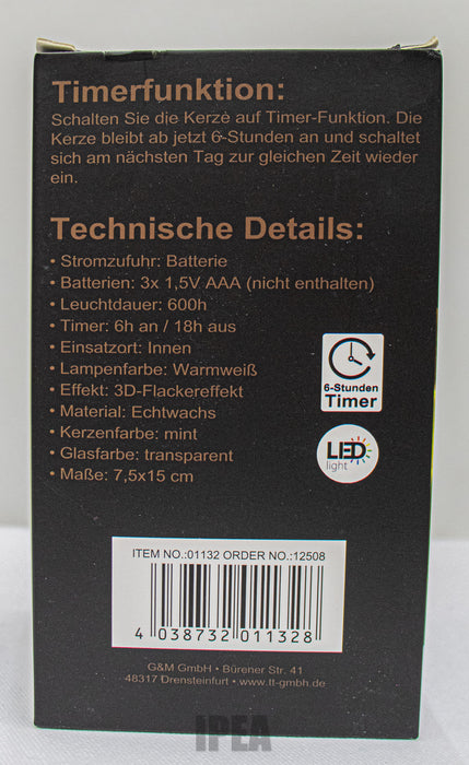 Echtwax LED Kaars in Glas – 7.5×15 cm – 3D Vlam – Timer 6u – Mint