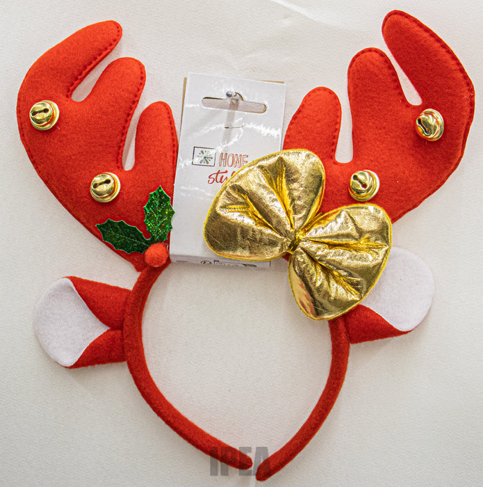 Kerst Haarband – Rendiergewei – Belletjes & Gouden Strik – Rood