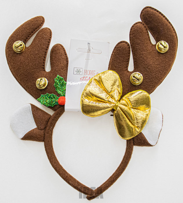 Kerst Haarband – Rendiergewei – Belletjes & Gouden Strik – Bruin
