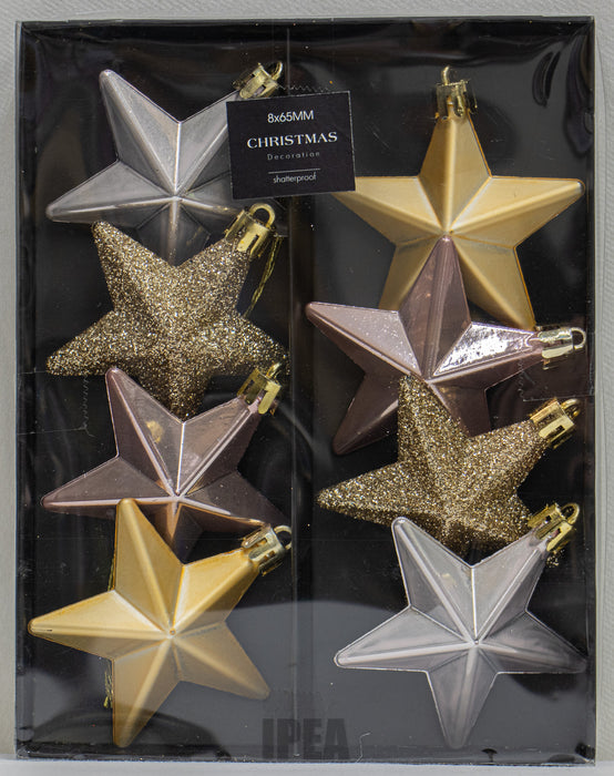 Kerststerren – 8 Stuks – 65 mm – Goud/Zilver/Roze Mix – Shatterproof