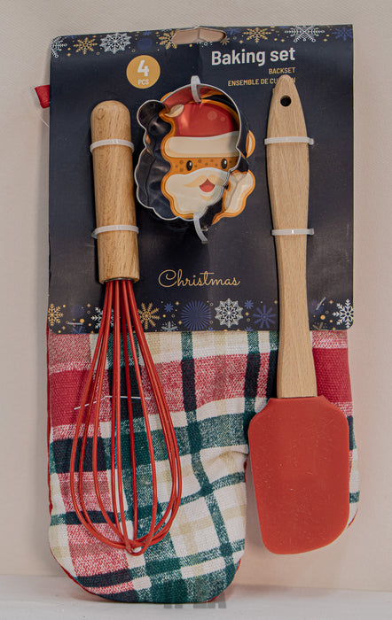 Kerst Baking Set – 4-delig – Klopper, Spatel, Ovenwant & Koekjesvorm (Santa)