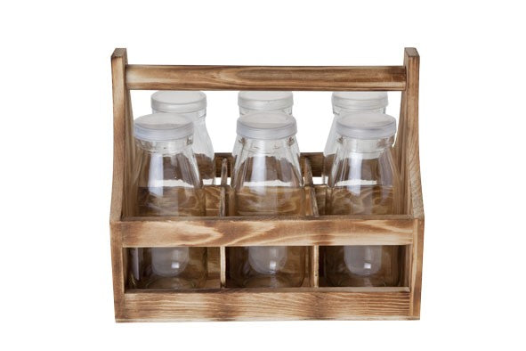 Houten Houder Met 6 Glazen Flesjes